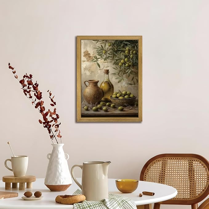Wood Framed Olive Kitchen Wall Art, Vintage Rustic Still Life Canvas Print, Green Olives Poster Print Picture, Fruit Wall Decor Painting for Dining Room Cafe Restaurant Farmhouse Home Decor 16x24 inch