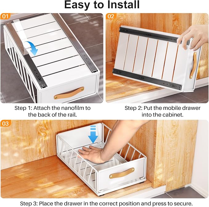 Pull out Cabinet Organizer,Heavy Duty Slide out Pantry Shelves Drawer Storage with Adhesive Nano Film,Sliding Mesh Cabinet Basket with Handle for Kitchen, Bathroom, Home, 11.8W" X 15.7"D X 6.2"H,White