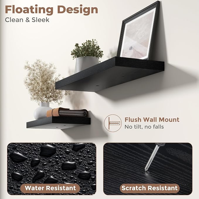 16 Inch Floating Shelves for Wall 2 Pack, 8"D Wood Grain Bathroom Shelves | Invisible Brackets, Black Finish, Easy Install | Engineered Wood Storage Shelves for Kitchen, Study, Bedroom