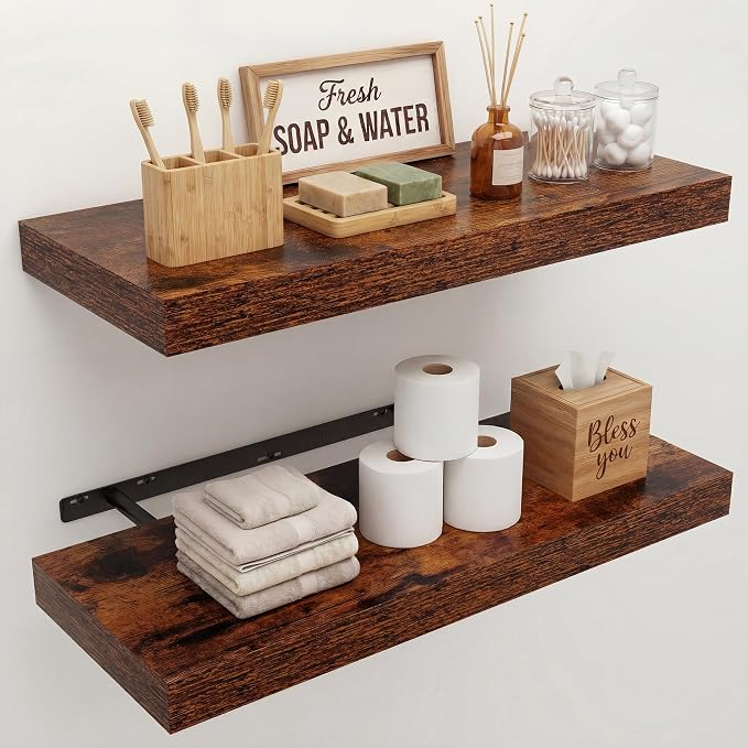 24 in Floating Shelves for Wall Decor Color Brown,Pack 2 | Modern floating shelves for living room,bedroom,kitchen and bath.Organize & display books,photos and decor.easy mount,sturdy.
