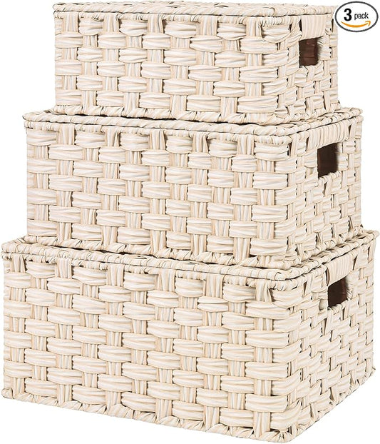GRANNY SAYS Wicker Baskets with Lids, Woven Storage Basket with Lid | Woven Baskets with Lids, Wicker Baskets for Storage, Decorative Storage Boxes, Woven Stackable Basket with Lid, 3 Pack