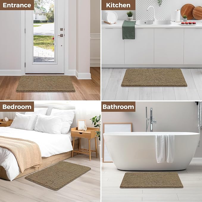 Bcoimo Bath Rug Mat,36x24 Chenille Non Slip Tan Bathroom Floor Shower Mats | Extra Soft Bathroom Rugs;Non Slip with Rubber Backing Bath Mats;High Absorbent And Quick Dry Microfiber mat; Machine Washable