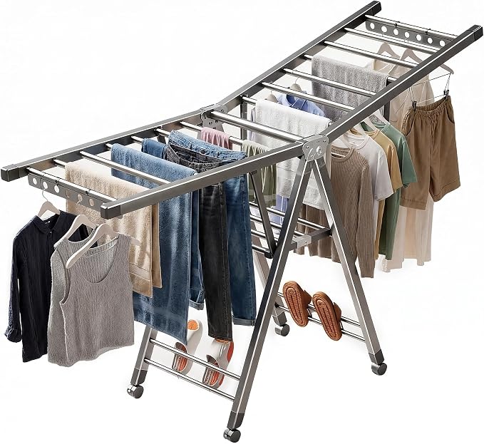 Heavy Duty 3-Tier Clothes Drying Rack with Wheels, Large 5.9ft | Shoe Rack, Foldable Metal Laundry Stand, Portable Collapsible, Clothing Hanger, Indoor Outdoor Use in Laundry Room