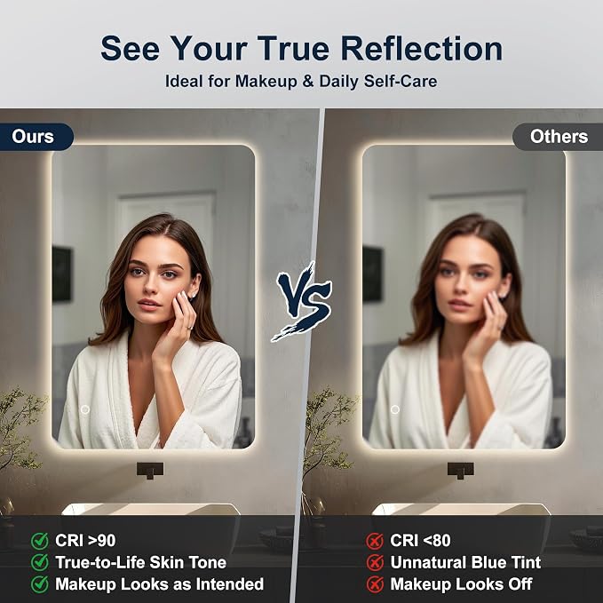 40''X30'' Lighted Mirrors for Bathroom Wall Backlit Rectangular Rounded Corners, LED Bathroom Mirror Frameless with Lights, Dimmable, 3 Colors,Tempered Glass, Shatter-Proof