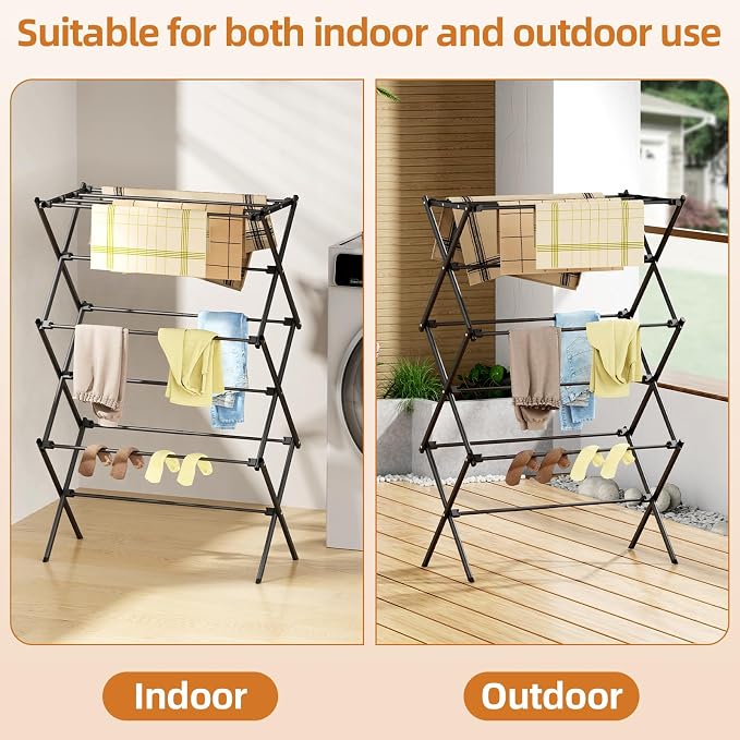 Drying Rack Clothing, 3-Tier Clothes Drying Rack Foldable, Antirust Laundry Drying Rack Collapsible Use for Indoor & Outdoor, 11.8" D x 34.6" W x 35.4" H, Black