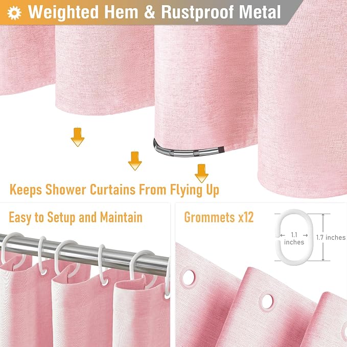 72x78 Linen Textured Waterproof Thick Fabric Shower Curtain Set, Pink | Long Size, 230GSM Polyester, Heavy Duty Cloth, Weighted Hem, 12 Plastic Hooks, Modern Luxury Hotel Style, Machine Washable