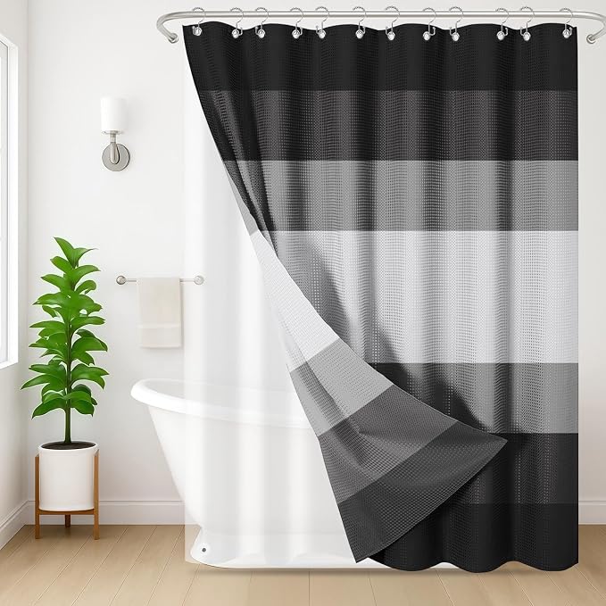 3 in 1 Shower Curtain and Liner,72 x 84 inch, Striped Grey | Black White Shower Curtain and PEVA Liner Set with 12 Rust-Resistant Metal Hooks, Waterproof Fabric Curtains for Bathroom