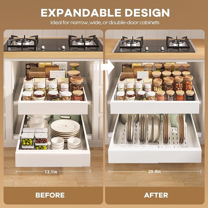Seinloes 4 Pack Pull out Cabinet Organizer 21"Deep with Raising Pad for Framed Cabinets, Expandable Slide out Drawers for Kitchen Cabinets with 4pcs Divider Racks, Roll out Shelves 12.1"-20.4" W White
