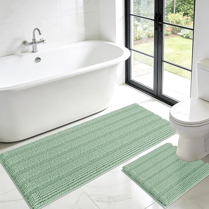 Christmas Striped Sage Green Toilet Bathroom Rug Mat Set 2 piece Rug Ultra Soft, Non Slip Chenille Bath Rugs, Absorbent Plush Shaggy Bath Mats for Bathroom, Bedroom, Kitchen, Shower, Tub