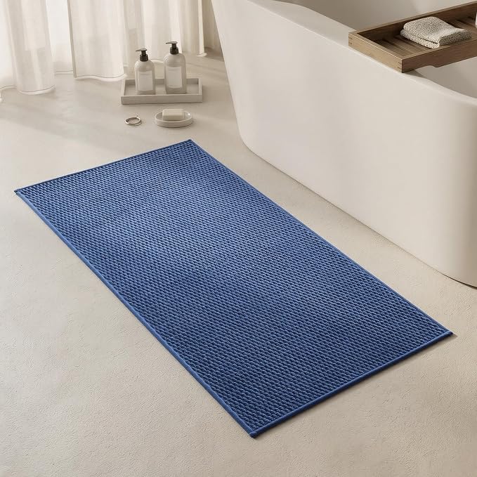Triohero Bathroom Rugs Non Slip Washable, Super Absorbent Thin Bath Mat Quick Dry Low Pile Bathroom Rug, Denim Blue 24"x47"