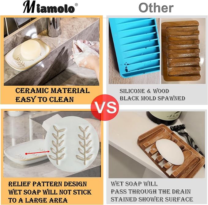 Miamolo Ceramic Soap Dish Soap Holder, Soap Lift for Bar Soap Sponge, Shower Soap Dishes for Bathroom Kitchen Counter Soap Saver Tray Keep Dry, Dishwasher Safe (Pack of 2)