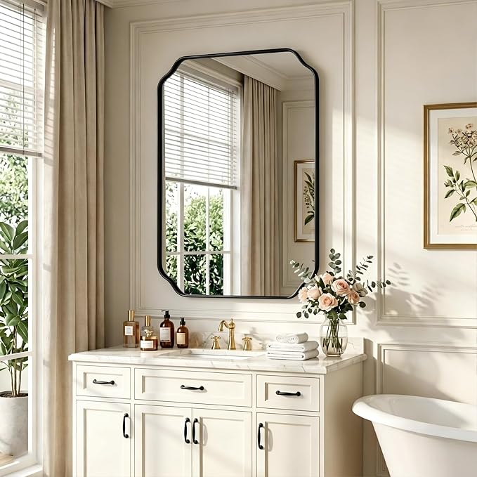 36"x24" Black Wall Bathroom Mirror, Scalloped Edge Vanity Mirror | Hangs Vertically/Horizontally, Wooden Frame Decorative Mirror, For Vanity, Bedroom & Entryway, Aesthetic Bathroom Decor