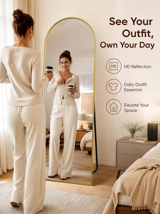 Full Length Mirror, 64" x 21" Arched Full Body Mirror Large Standing Floor Mirrors, Mirrors for Bedroom, Bathroom, Living Room Standing or Wall Leaning, Gold