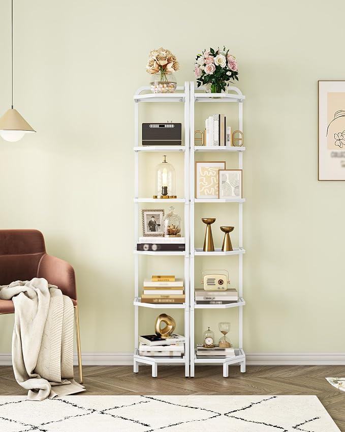 Hzuaneri Corner Shelf Stand, 6-Tier Glass Bookshelf Bookcase, Plant Stand | Bathroom Organizer Steel Frame, Tempered Glass, Modern Style for Living Room, Bathroom, Kitchen, White CS90613W