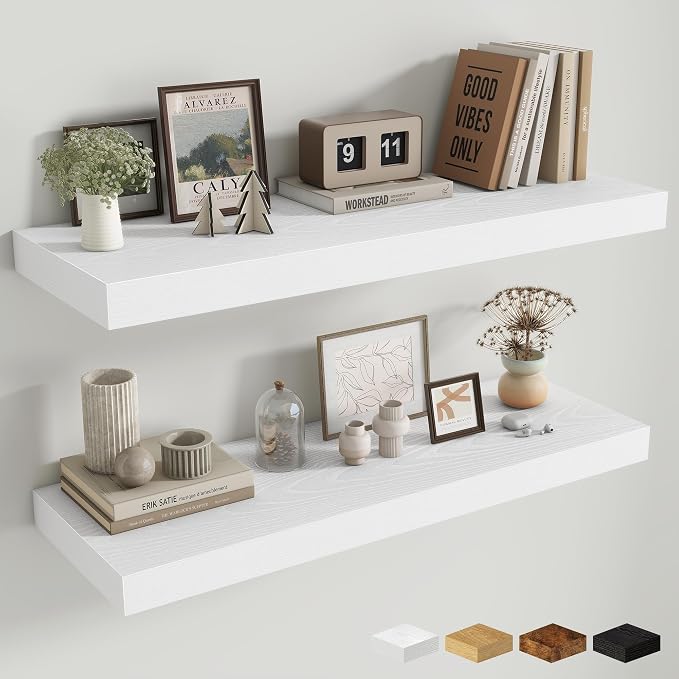 Fun Memories 12" Deep Floating Shelves for Wall, 36" W x 12" D Floating Shelves, Long Wood Floating Wall Shelf for Living Room Bathroom Bedroom Kitchen, White, Set of 2