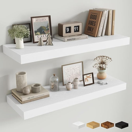 Fun Memories 12" Deep Floating Shelves for Wall, 36" W x 12" D Floating Shelves, Long Wood Floating Wall Shelf for Living Room Bathroom Bedroom Kitchen, White, Set of 2