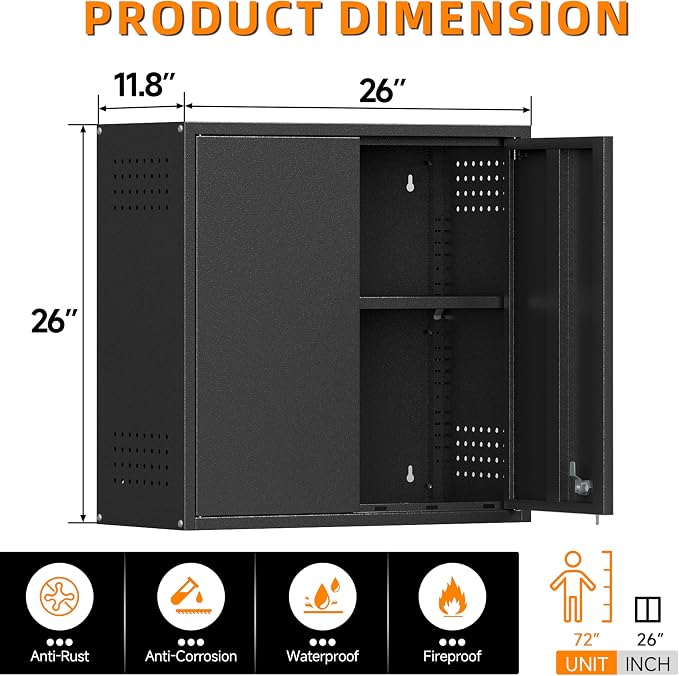 Garage Wall Cabinet with 2 Doors, Metal Wall Cabinet with Lock | 26''H Wall Mounted Cabinet, Lockable Floating Tool Cabinet, Steel Storage Cabinet for Kitchen,Office,Garage,Laundry,Warehouse