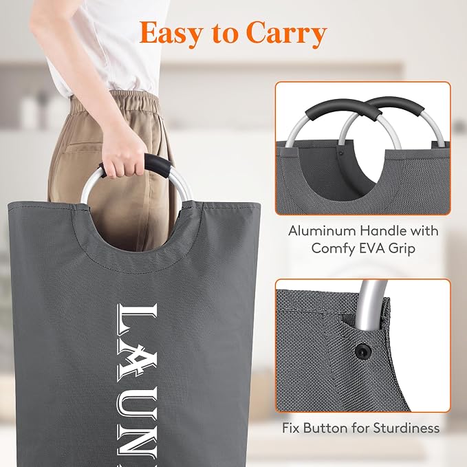 Lifewit 2 Pack 120L Laundry Basket with Aluminum Handles, Grey | Collapsible Large Laundry Hamper, Waterproof Fabric, Freestanding Dirty Clothes Hampers for Dorm, RV, Bedroom, Laundry Room
