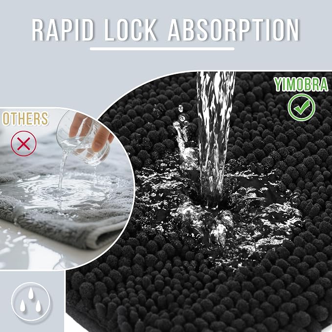 Yimobra Bathroom Rug Mat 44 x 24, Non Slip and Super Absorbent Bath Mat,Machine Washable Quick Dry,Ultra Plush Chenille Shower Rugs for Bathroom Floor Sink Tub and Shower Outside,Black