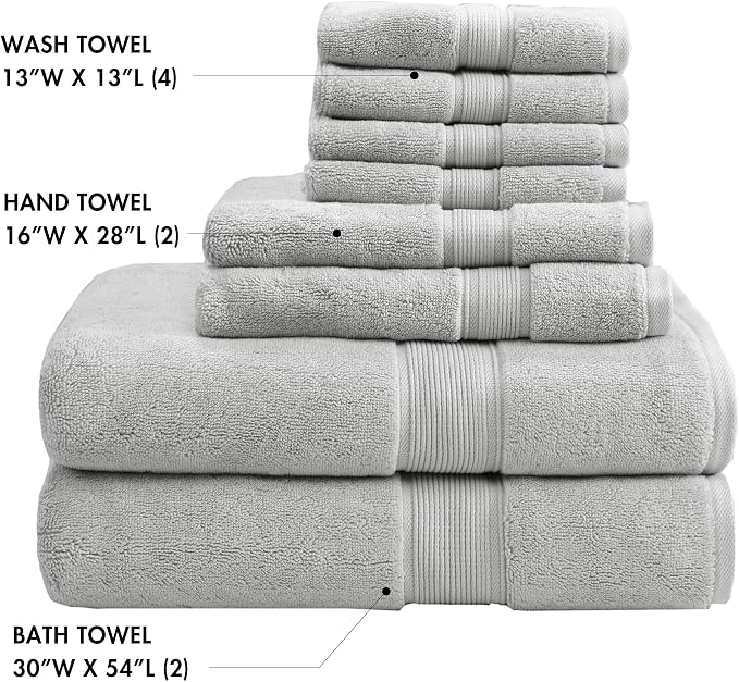 Madison Park 800GSM 100% Cotton Bathroom Bath Towel Set of 8, Silver | Long Staple, Highly Absorbent, Durable Hotel Spa Quality, Quick Dry, Double Stitched Hems, Lint Reducing, OEKO-TEX Certified