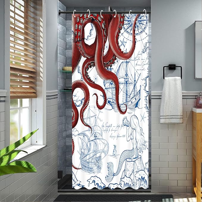 Fungarth Stall Red Nautical Octopus Shower Curtain Navy Blue Mermaid Funny Ocean Kraken Shower Curtains for Bathroom Cool Anchor Coastal Map Waterproof Fabric Bath Curtain Decor (Red, 36” x 72”)