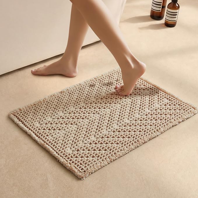 Sunfly Waffle Bath Mat, Boho Bath Rugs for Bathroom Floor Super Absorbent & Quick Dry, Non-Slip Washable Bath Mat with Tassels, Ultra Soft Farmhouse Bathroom Decor 16"*24" Beige