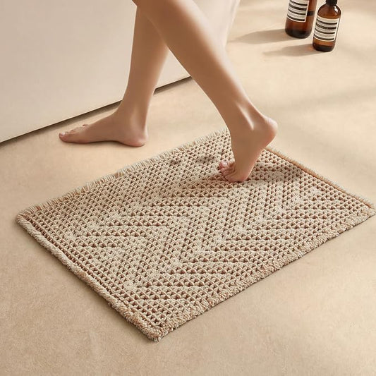 Sunfly Waffle Bath Mat, Boho Bath Rugs for Bathroom Floor Super Absorbent & Quick Dry, Non-Slip Washable Bath Mat with Tassels, Ultra Soft Farmhouse Bathroom Decor 16"*24" Beige