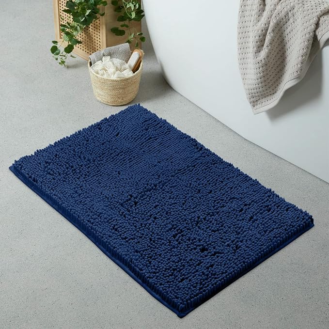 LuxUrux Ultra-Soft Chenille Bath Mat - Plush Microfiber Bathroom Rug, Super Absorbent & Quick-Dry, Cozy Shaggy Design, Machine Washable (24 x 36 inches, Blue)