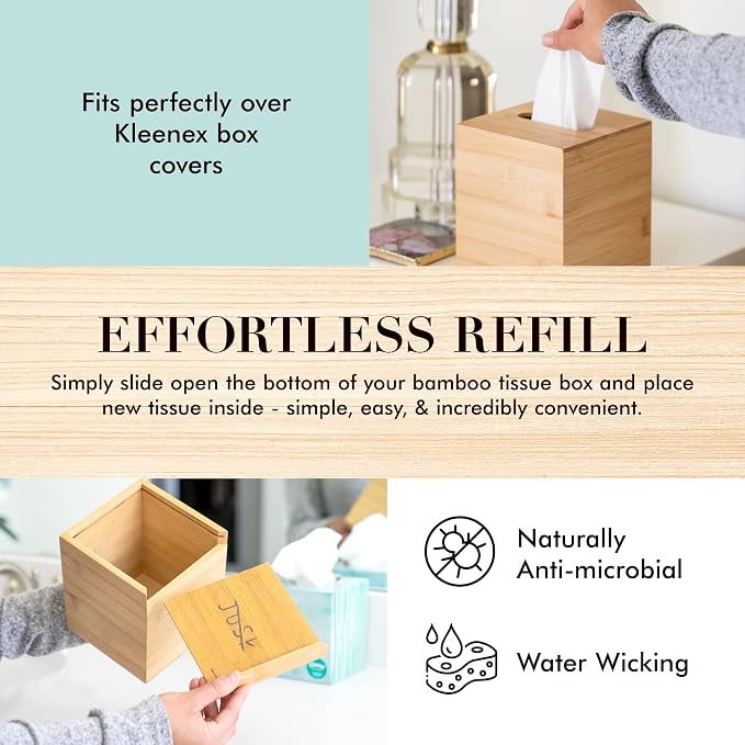 Design Tissue Box Holder - Modern, Minimalist, Durable Wooden Bamboo Box with Sliding Bottom, Easy-Refill - Premium-Quality Bamboo Cover, Square