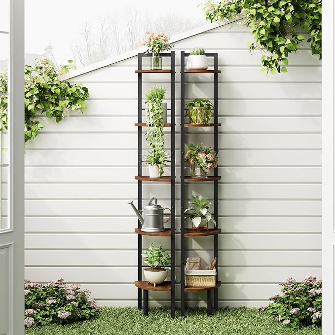 Corner Shelf Stand 5 Tier 60.5" with Metal Frame, Rustic Brown | Industrial Small Corner Shelf Narrow, Multipurpose Tall Corner Bookshelf, Corner Table Bedroom, Living Room, Office, Kitchen