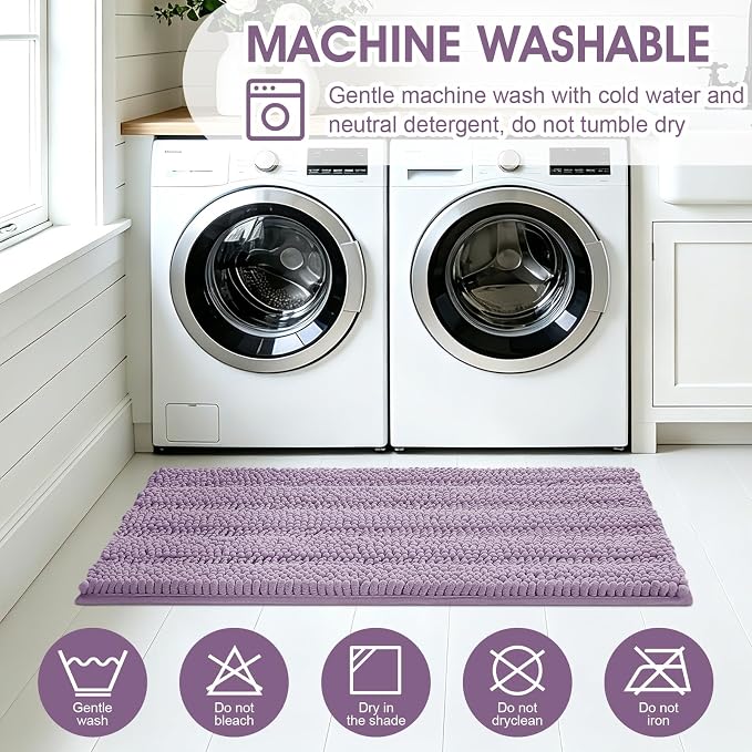 Striped Lavender Bathroom Rug Set 3 Pieces Ultra Soft, Non Slip Chenille Toilet Mat, Absorbent Plush Shaggy Bath Mats for Bathroom, Bedroom, Kitchen, Mauve