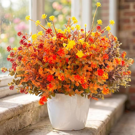 Hananona 48 Pcs Artificial Fall Flowers Outdoor, Faux Artificial Plants UV Resistant Plastic Autumn Flower for Hanging Planter Front Door Porch Window Home Decor (48, Orange)