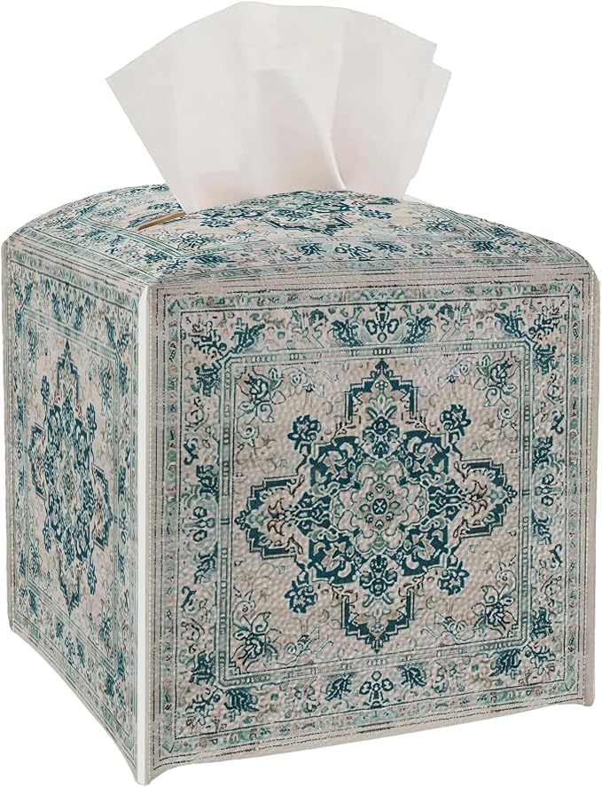 Tissue Box Cover Holder Square - Vintage Boho PU Leather Decorative Organizer, Ethnic Carpet Pattern Design Inspired, with Bottom Belt for Bathroom Car Office Tabletop Home, 5x5 Inch (Green&White)