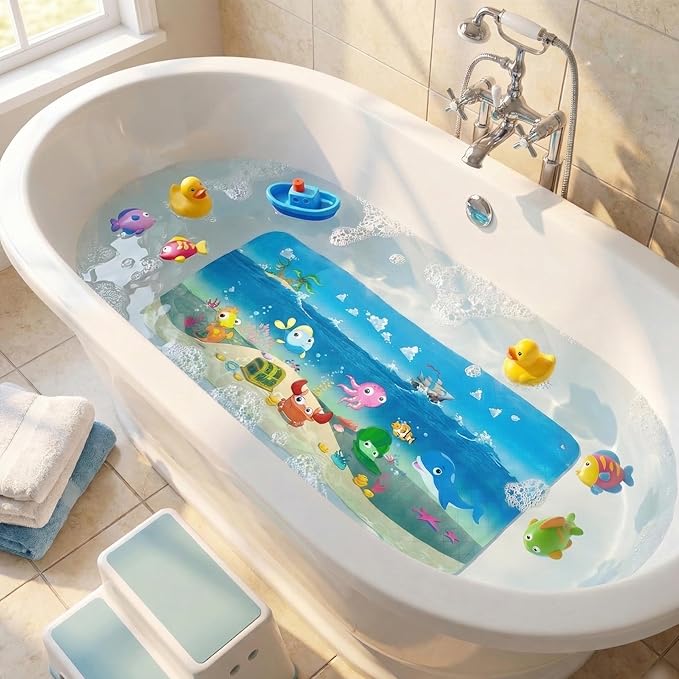 Bath Mats for Tub Kids,Baby Toddler - Large Cartoon Non-Slip Bathroom Bathtub Anti-Slip Shower Mats for Floor 35x15,Machine Washable XL Size Bathroom Mats (Ship)
