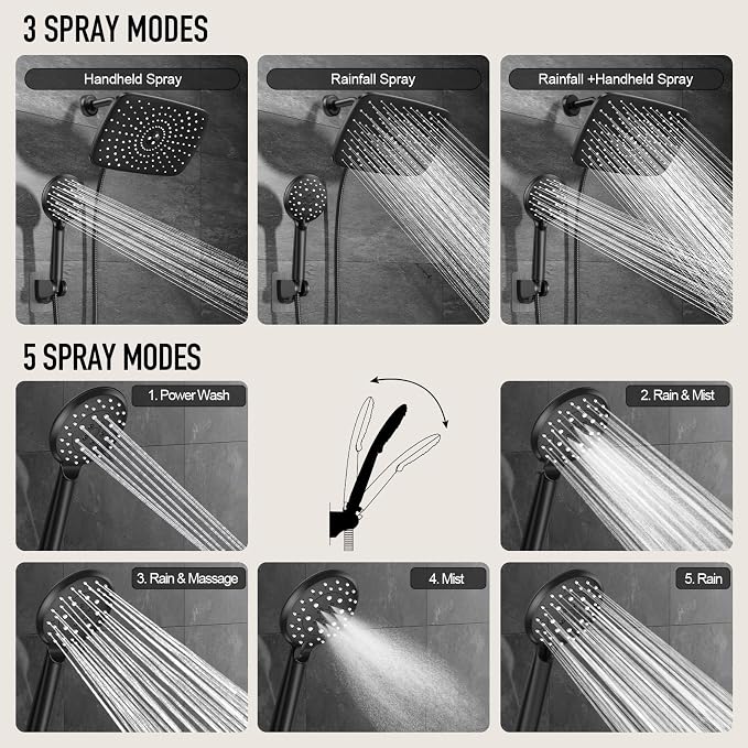 Veken 11.8“ Rain Shower Head with Handheld,Dual High Pressure Shower Heads | 5-mode Hand Held Spray with Hose,Wide Detachable Rainfall,Dual Showerhead Combo,Bathroom Accessories,Easy Install,Decor,Black
