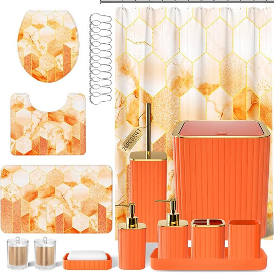XLHOMO Bathroom Set - 26PC Bathroom Set with Shower Curtain and Rugs, Bathroom Accessory Set, Orange Bathroom Accessories Set, Trash Can & Soap Dispenser