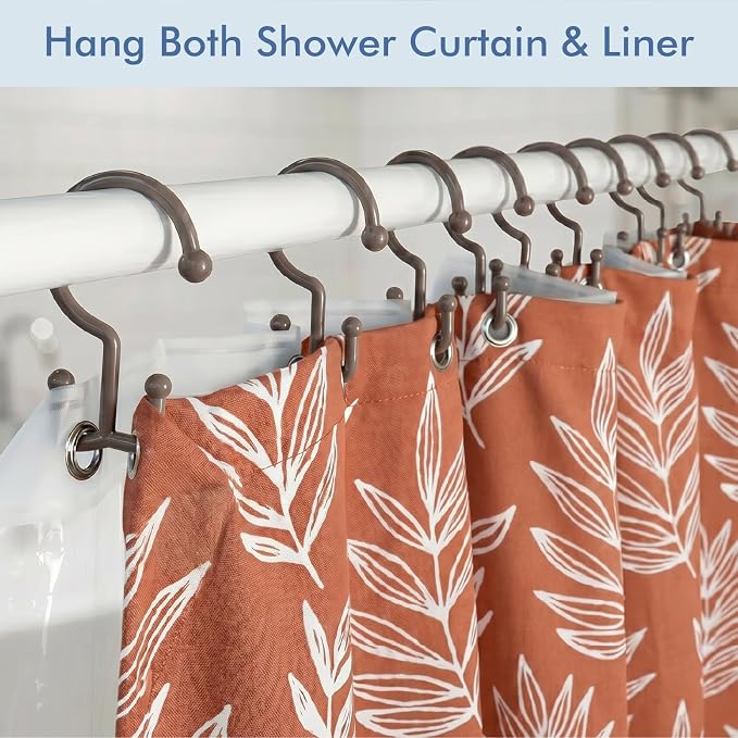 Bathway Brown Shower Curtain Hooks, 12 Plastic Double Shower Curtain Rings | Hang Both Shower Curtain & Liner, Waterproof, Rust-proof, Sturdy, Durable, Flexible, Multifunctional, Universal, Easy to Use