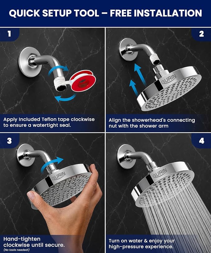 Shower Head - Luxury Polished Chrome Finish - Rain Showerhead 6 Inch | High Pressure Shower Heads with Adjustable Angles, 90 Anti-Clog Nozzles, Tool-Free 1-Min Install
