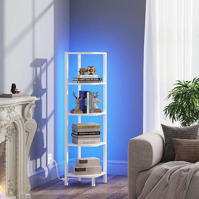 TUTOTAK Corner Shelf with LED Light, 5-Tier Corner Bookshelf | for Small Space, Narrow Display Corner Shelf Stand with Storage Rack, for Living Room, Bedroom, White BS08BW005L