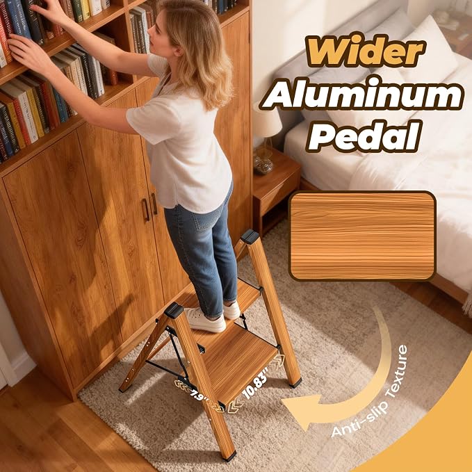 HBTower 2 Step Ladder, Lightweight Aluminum Folding Step Stool | Anti-Slip Wide Pedal, 330lbs Capacity Step Ladder for Household Kitchen Office, Woodgrain
