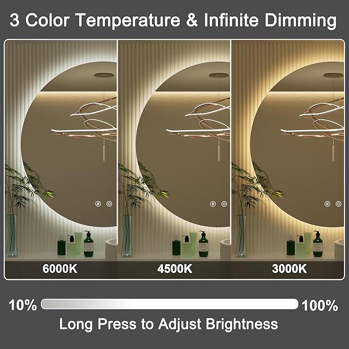 32 Inch Backlit Round LED Mirror for Bathroom with Anti-Fog | 3 Color Temp(3000K/4500K/6000K), Adjustable Brightness, Frameless 5mm HD Glass, ETL Cert‌, Idea for Vanity