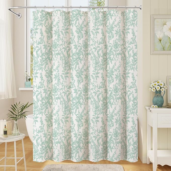 Teal Boho Linen Shower Curtain, Farmhouse Floral for Bathroom | Botanical floral print. Rustic farmhouse boho decor. Durable linen blend fabric. Machine washable for easy care. 72x84