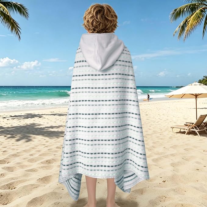 VOOVA & MOVAS Kids Hooded Bath Towel, 6-10 Years, 100% Cotton, White Green | Dotted Plaid Pattern, Ultra Thick Fabric, Strong Absorbency for Bath and Beach Trips