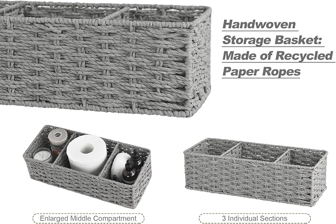 StorageWorks Toilet Paper Basket, Paper Rope Woven Toilet Tank Basket, Gray | Wicker Basket, Toilet Paper Storage for Back of Toilet Tank, Woven Baskets for Shelves, Wicker Baskets with 3 Compartments