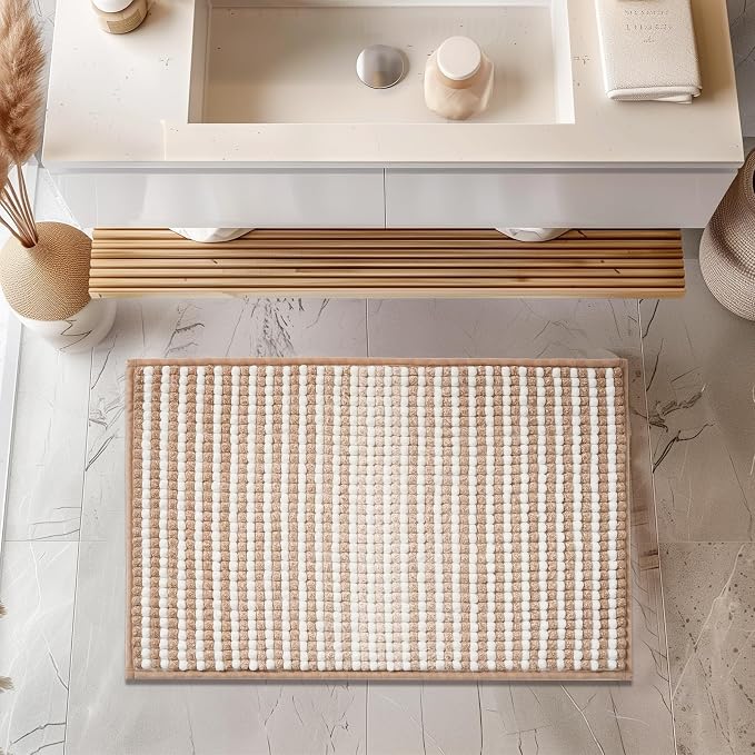 FRESHMINT Chunky Ombre Chenille Bathroom Rug 20"x32", Water Absorbent Soft Bath Rugs for Bathroom Floor, Thick Non Slip Bath Mat Washable Quick Dry Shower Mats, Beige and White | Water Absorbent, Soft Bath Rugs for Bathroom Floor, Thick Non Slip, Washa...
