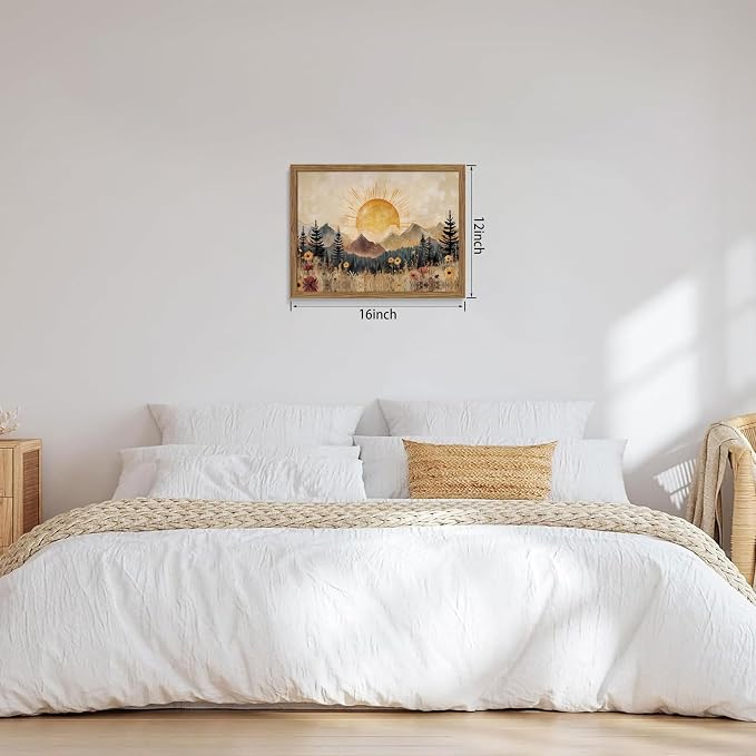 Framed Vintage Sunrise Mountain Landscape Wall Art, Golden Sunburst Meadow Forest Canvas Print, Retro Wildflower Nature Artwork, Rustic Boho Wall Decor for Living Room Bedroom Office 12x16in