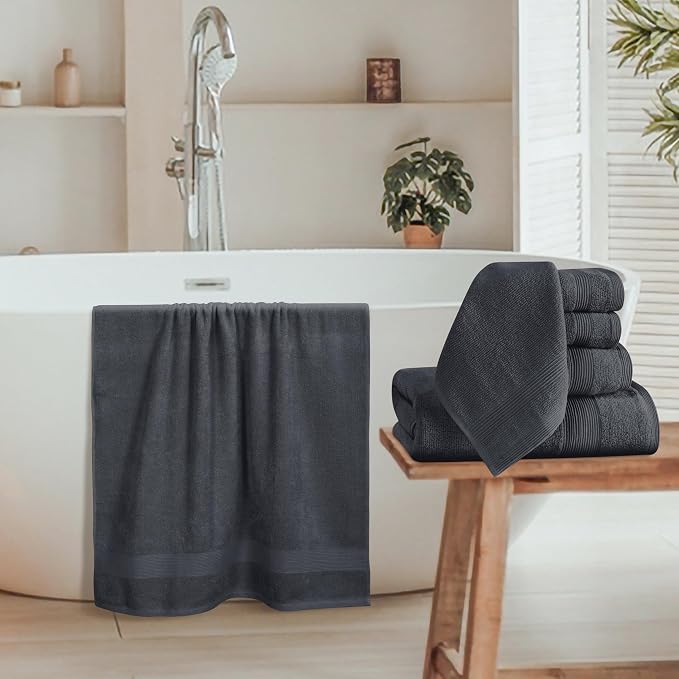 8 Piece Towel Set 100% Ring Spun Cotton, 2 Bath Towels 27x54, 2 Hand Towels 16x28 and 4 Washcloths 13x13 - Ultra Soft Highly Absorbent Machine Washable Hotel Spa Quality - Grey