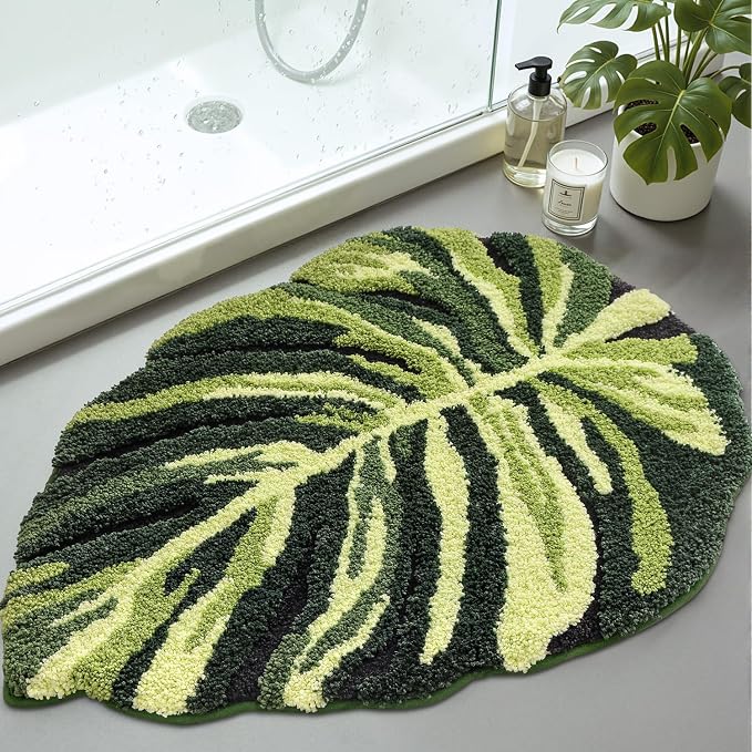 DEXI Cute Bath Mat, Green Leaf Monstera Bathroom Rugs 47x31.5 | Soft and Absorbent Microfiber, Non Slip, Machine Washable Bathmat for Shower Floor, Bedroom, Kids Room, Home Decor