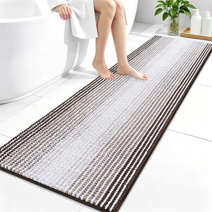 OLANLY Bathroom Runner Rugs 59x20, Soft Chenille Striped Bath Rugs, Brown | Extra Absorbent, Rubber Backing, Machine Wash Dry, Bath Mats for Bathroom Floor, Tub and Shower, Home Decor Accessories
