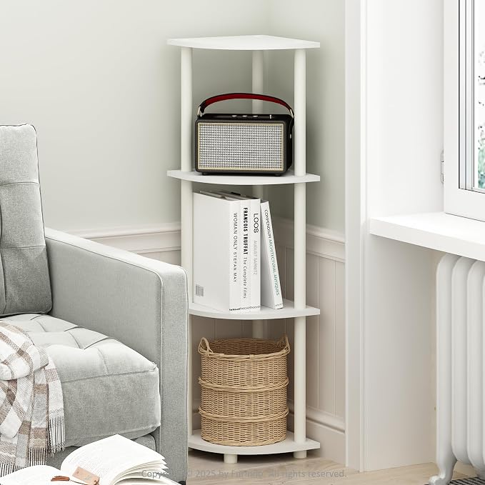 Furinno Turn-N-Tube Corner Shelf, 4-Tier Corner Bookshelf, White | Display Storage Shelves with Open Shelves, for Organization and Storage, Living Room, Home Office, Garage,